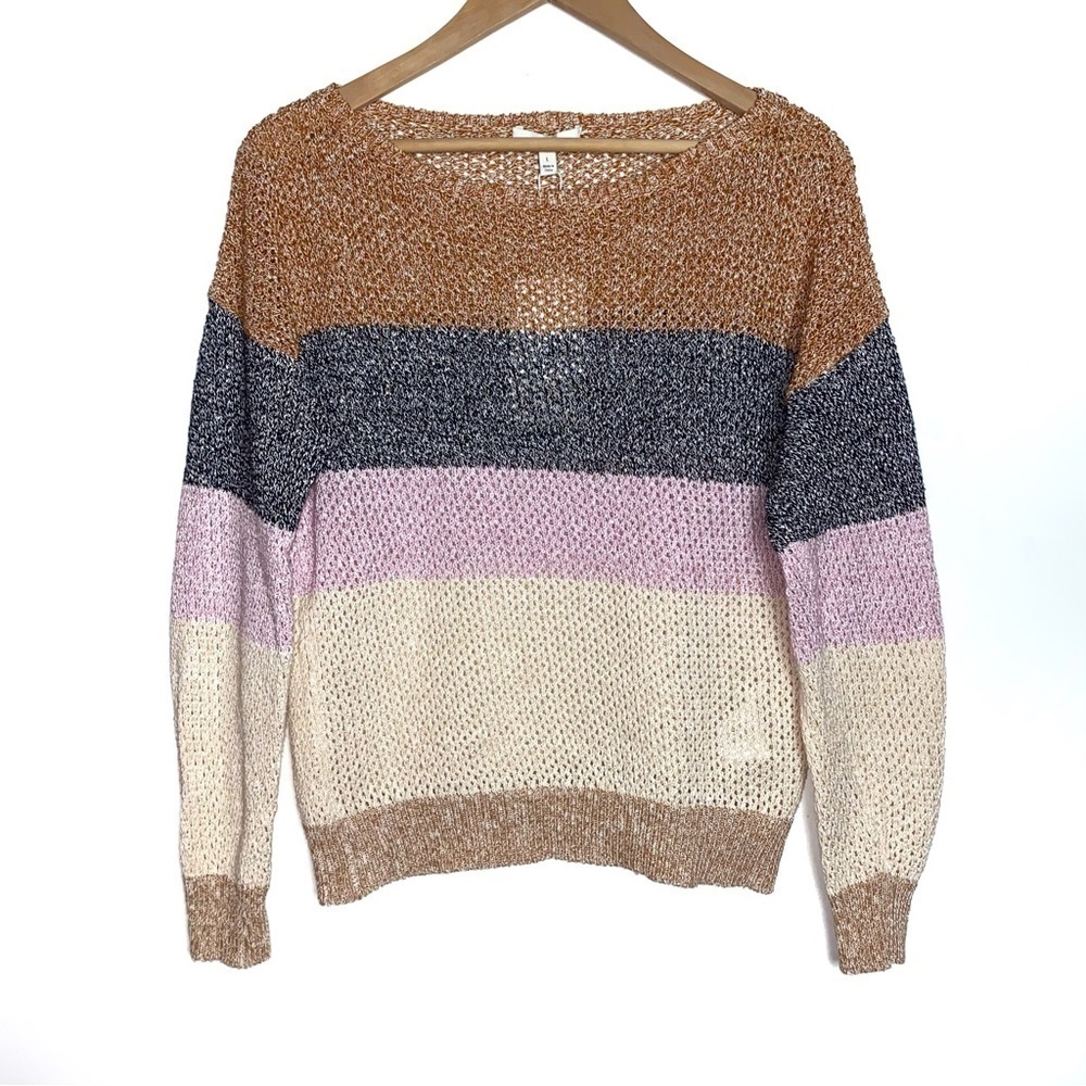 NEW Joie Deroy K Striped Multicolored Open Knit Sweater Size Large Pink Cream